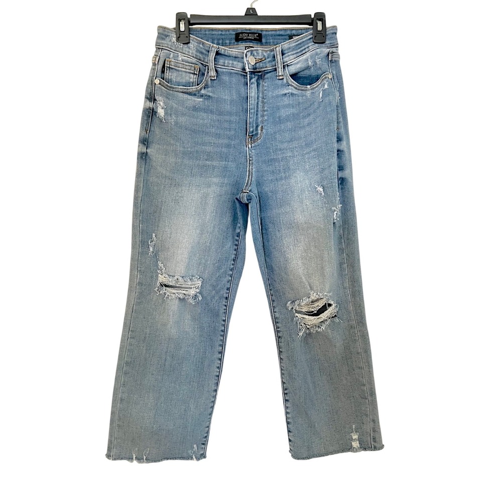 Judy Blue Distressed High Rise Straight Leg Jeans Light Wash Size 5/27 Raw Hem